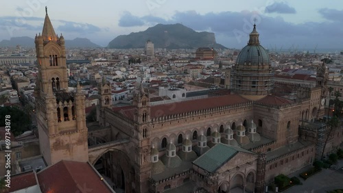 Flying over Palermo Cathedral towards iconic cliff photo