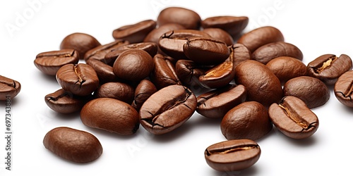 A pile of roasted coffee photographed at close range against a white background. generative Ai