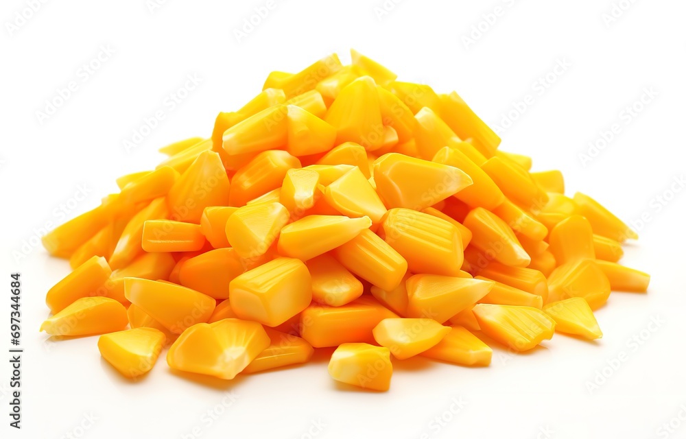 pile of yellow corn kernels photographed at close range on a white background. generative AI