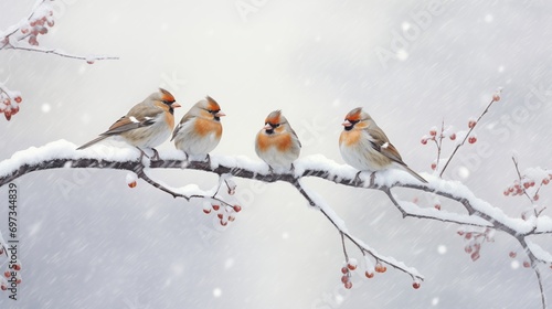 Four birds perch on winter branches, a serene tableau. 