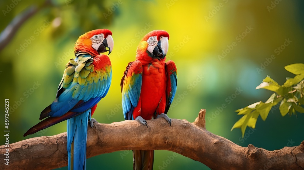 In the natural setting, a pair of colorful red macaw parrot birds are perched on a tree.