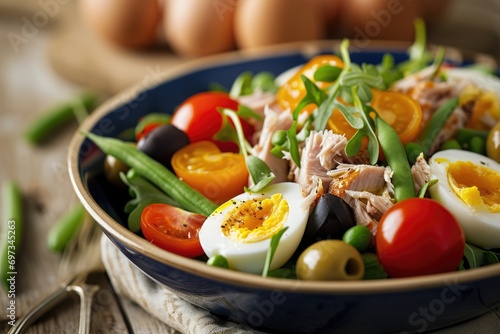 Mediterranean Bliss: Salade Niçoise, a Refreshing Salad from Nice - Tuna, Hard-Boiled Eggs, Tomatoes, Olives, and Green Beans, Drizzled with Vinaigrette, Creating a Culinary Delight of Vibrant Flavors