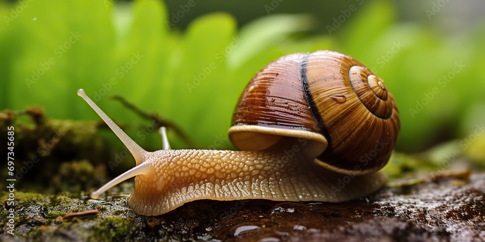 AI Generated. AI Generative. Snail on ground nature background green leaves landscape. Graphic Art AI Generated. AI Generative. Snail on ground nature background green leaves landscape. Graphic Art