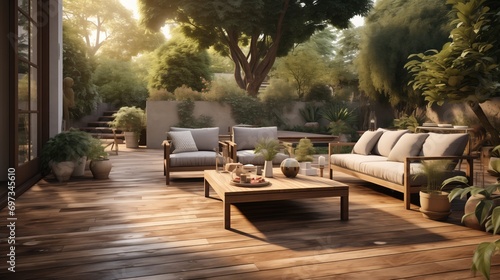 Outdoor lounge in backyard of house with wooden floor photo