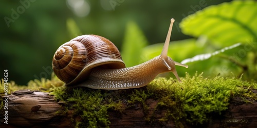 AI Generated. AI Generative. Snail on ground nature background green leaves landscape. Graphic Art photo