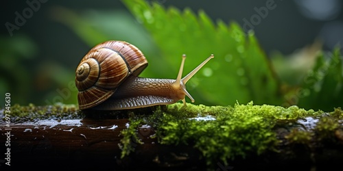 AI Generated. AI Generative. Snail on ground nature background green leaves landscape. Graphic Art