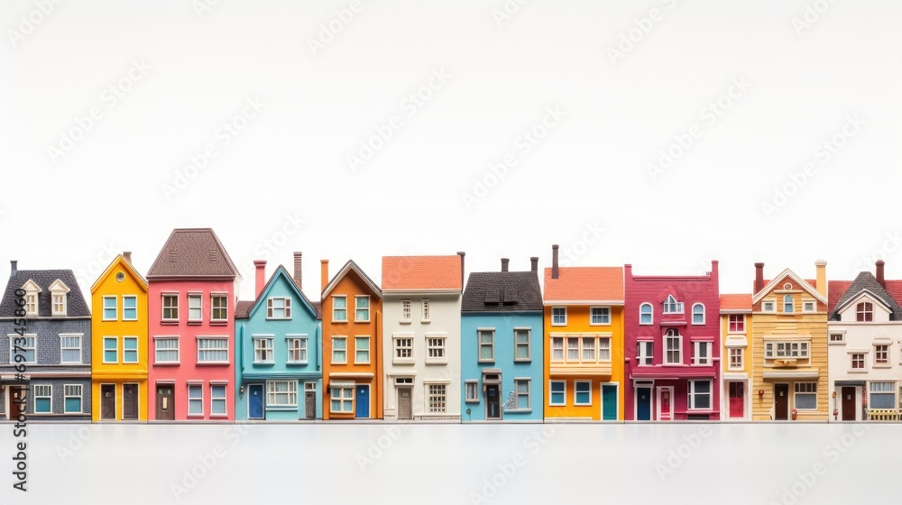 Colorful miniature houses in perfect rows create a whimsical urban cityscape.