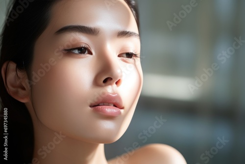 Elegant portrait of a young woman with a serene expression, showcasing natural beauty and flawless skin; perfect for beauty and skincare concepts.