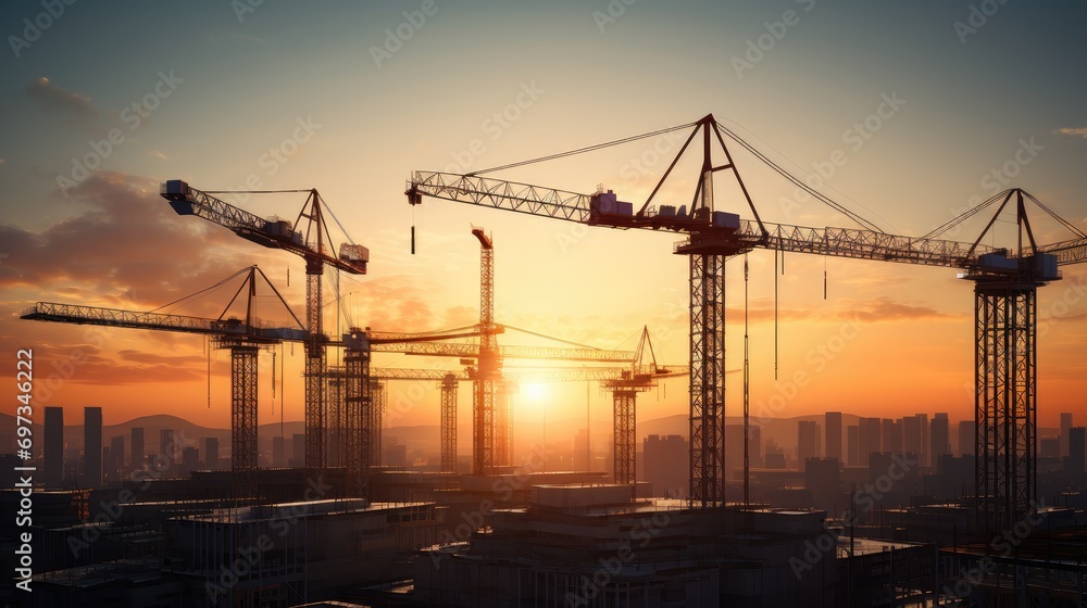 Industrial construction cranes stand tall against the sunrise, a symbol of growth and urban development.