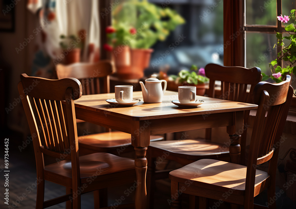 warm and inviting cafe scene with a wooden table set for two. Sunlight filters through the window, highlighting the cups and teapot
