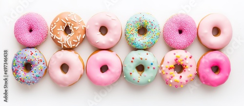 donuts of various flavors and colors on a white background. generative AI