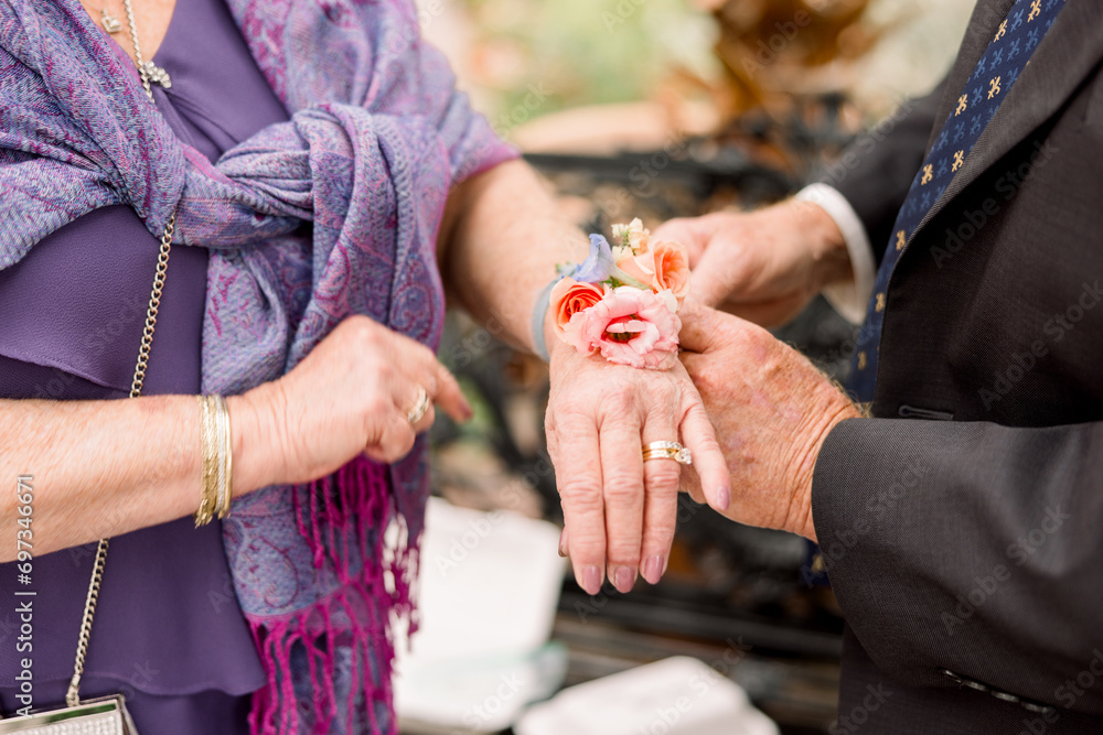 An elderly man is helping put a flower corsage on an older woman's hands. 