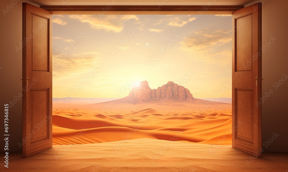 Fototapeta premium An open door in a desert with a view of the bright sun