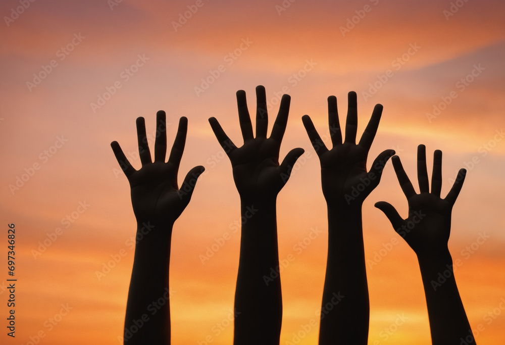 hands up celebration on sunset orange sky. - freedom/message/greetings/group dynamics/freindship