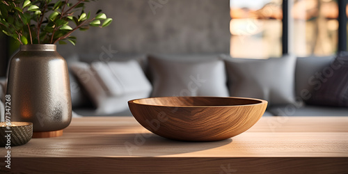 A wooden bowl on a table in a plant 