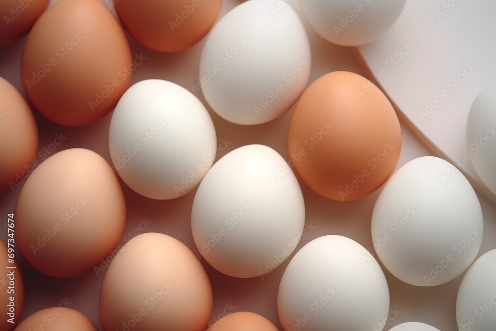 a row of fresh and healthy eggs neatly arranged on a white background. generative ai a row of fresh and healthy eggs neatly arranged on a white background. generative ai