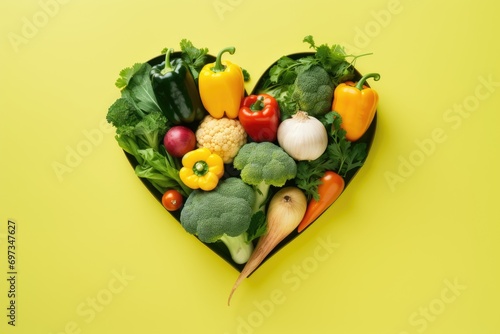 Heart made of fresh vegetables on yellow background, top view, copy space
