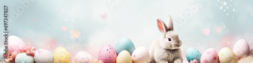 Easter banner 3:1 with bunny and colorful eggs on bokeh background