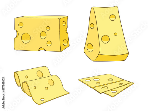 Set of Cheese Parts and Slices, Cartoon Vector Illustration on White Background