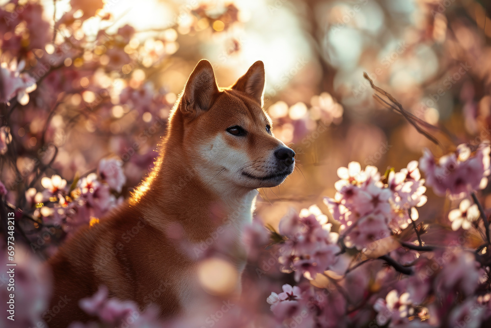 Spring cherry blossoms and Shiba Inu