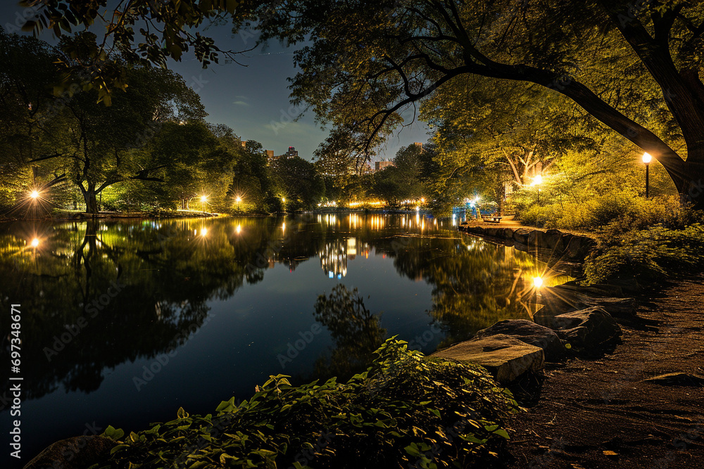 Experience the nocturnal charm of Central Park with this dark theme, showcasing moonlit trees, subtle shadows, and the serene reflections on the park's lakes