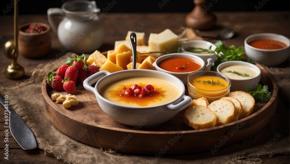 Delicious Swiss fondue dinner with various cheeses and bread on wood 