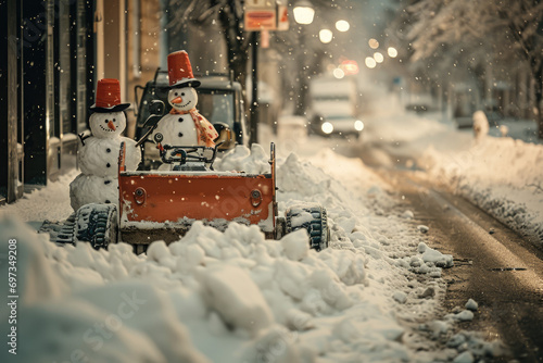 Snowmen plowing snow in the city photo
