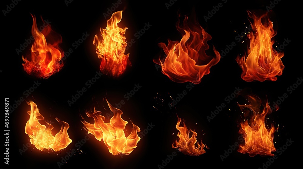Illustration of various shapes of fire on black background. Illustration of various shapes of fire on black background.