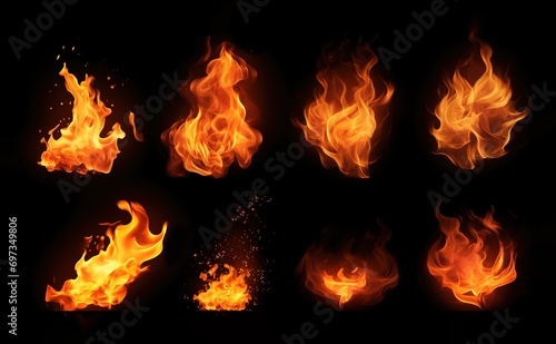 Illustration of various shapes of fire on black background.