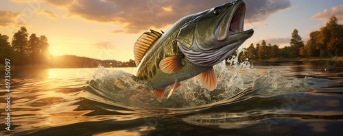Illustration of a fish jumping from river water.