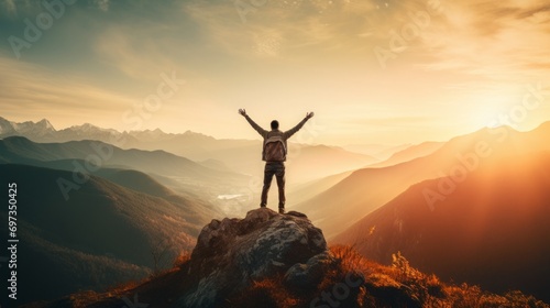 Happy man, arms up, on the top of the mountain, copy space, 16:9 photo