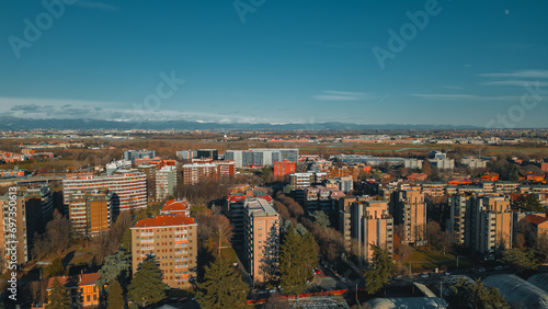 Cityscape from above. Vista dal drone di San Donato Milanese, Provincia di Milano, Italia, Lombardia. Drone photo of an Italian city. Dicembre 2023