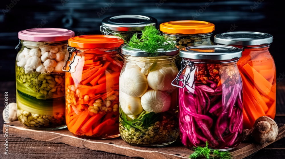 Jars of pickled vegetables resting on a rustic wooden table Jars of pickled vegetables resting on a rustic wooden table