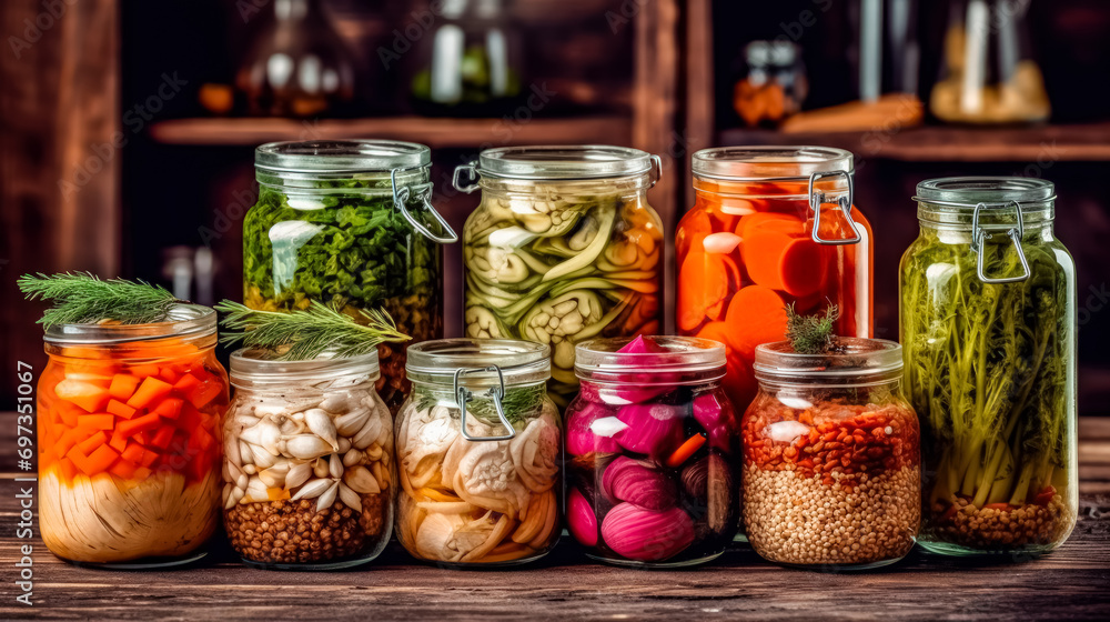 Jars of pickled vegetables resting on a rustic wooden table Jars of pickled vegetables resting on a rustic wooden table