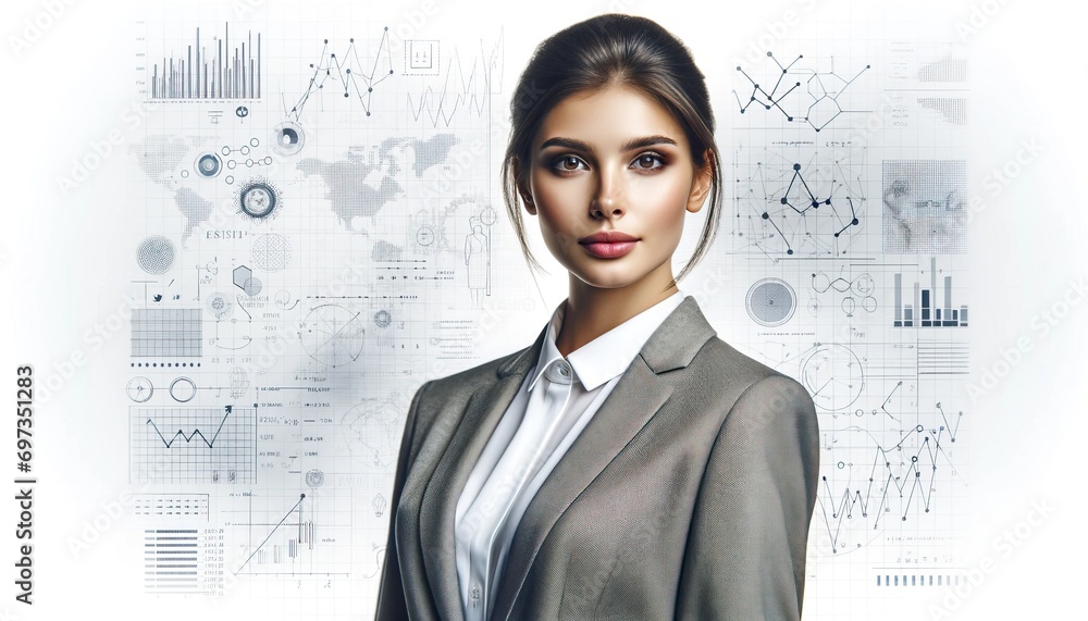 Latest portrayal of a professional businesswoman in full view, against a backdrop of analytical charts and diagrams, reflecting her business acumen and intelligence. Latest portrayal of a professional businesswoman in full view, against a backdrop of analytical charts and diagrams, reflecting her business acumen and intelligence.