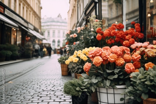 Flower shops in European style. Street Bouquets of roses tulips in large baskets stand in shop in front of building. A beautiful spring floral picture on bricket background with copy space. photo