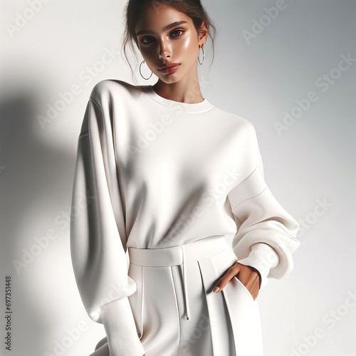 Elegant fashion model in a minimalist white outfit, posing with poise against a clean backdrop, perfect for lifestyle branding.