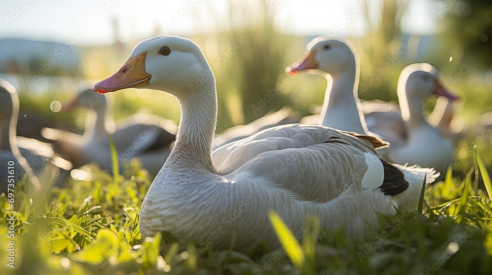 A view of geese grazing on the grass from the side. A view of geese grazing on the grass from the side.