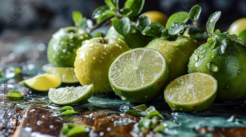 Fresh green lemons green apple and limes with water drops on wooden background. Fresh limes with water splashes on a dark blue background.
