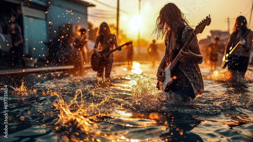 Group of friends having fun and playing guitar in the swimming pool at sunset. Music festival. Music and entertainment concept. 