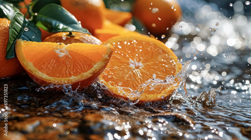 Fresh orange with splashes of water on a dark background. Close-up. Slices of orange with drops of water on a dark background. 