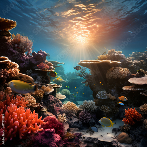 The sun illuminating the vibrant colors of an underwater coral reef, A coral reef with a sunset in the background. Generative AI, Diving sport concept. Underwater world. Coral reef and fishes in Red s