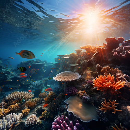 Depths of Wonder: A Captivating Journey into the Underwater World, Enchanting Depths: Exploring an Underwater Wonderland, The sun illuminating the vibrant colors of an underwater coral reef, A breatht photo