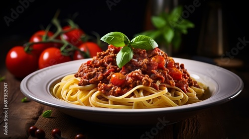 A white bowl is used to serve pasta fettuccine bolognese with tomato sauce.