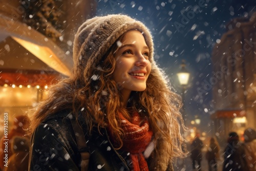 A happy girl with long hair walks around the in snowy weather. Festive night city lights and garlands background.