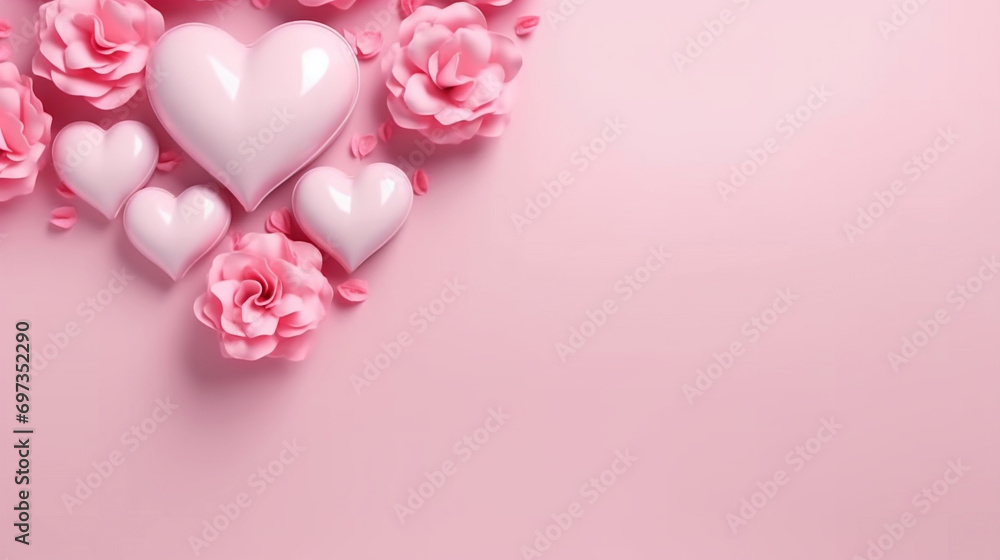 Pink hearts and pink flowers on a pink background