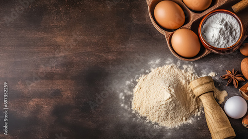 Flour, eggs, and spices elegantly arranged on a rustic wooden table