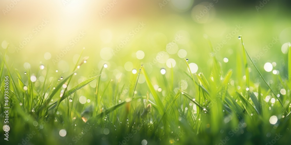 Fresh green grass with dew drops close up. Natural background with bokeh. Banner 2:1