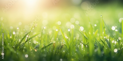 Fresh green grass with dew drops close up. Natural background with bokeh. Banner 2:1