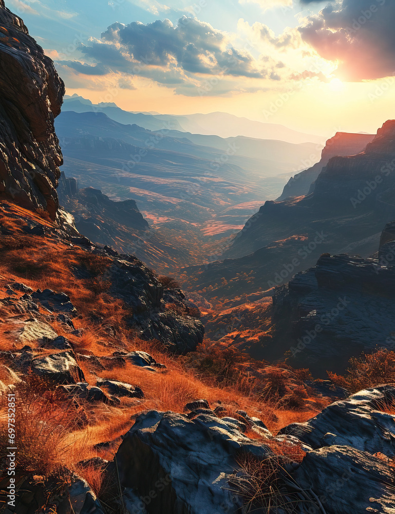 Obraz premium Golden Sunset Over Serene Mountain Terrain